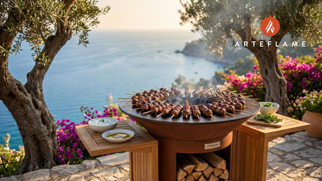 Grilled Greek Meatball Skewers cooking on an Arteflame grill