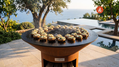 Grilled Stuffed Mushrooms (Greek Feta Style) cooking on an Arteflame grill