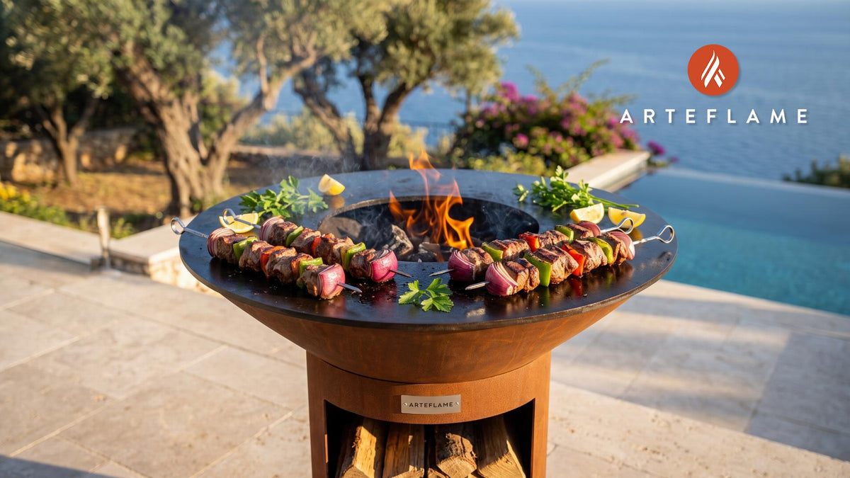 Juicy Grilled Meat Skewers (Greek Style) cooking on an Arteflame grill