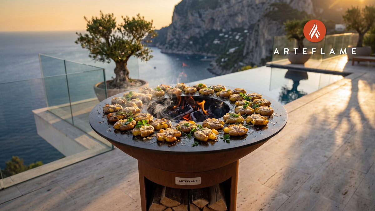 Grilled Smashed Potatoes (Crispy Idaho Style) cooking on an Arteflame grill