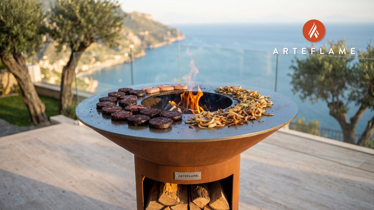 Grilled Irish Black Pudding & Caramelized Onions cooking on an Arteflame grill