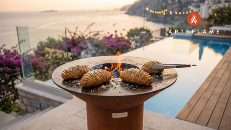 Grilled Hasselback Potatoes (Crispy Idaho Russet) cooking on an Arteflame grill