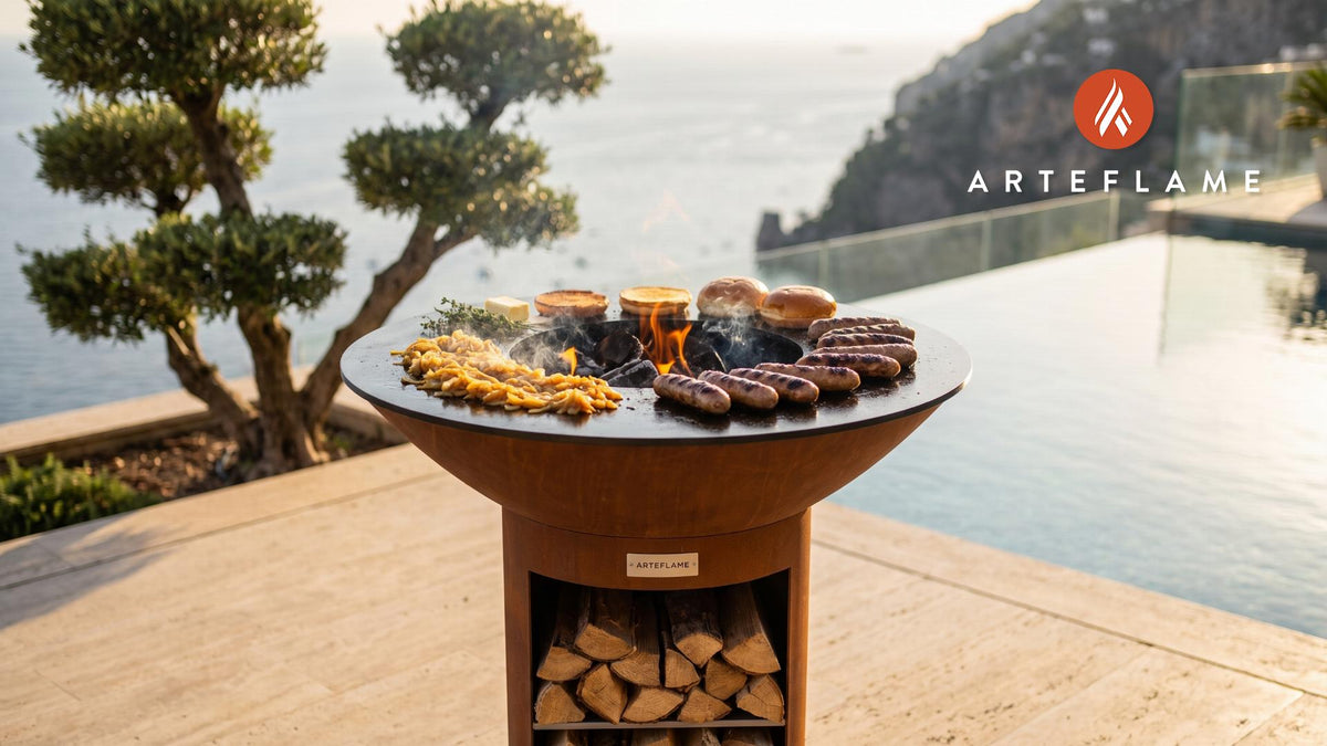 Grilled Pheasant Sausages & Onion Relish (Idaho Style) cooking on an Arteflame grill