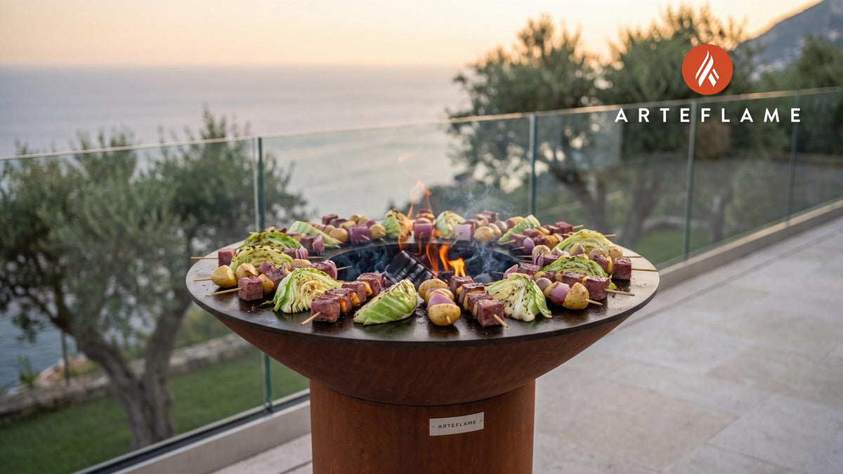 Grilled Corned Beef & Cabbage Skewers (Irish Style) cooking on an Arteflame grill
