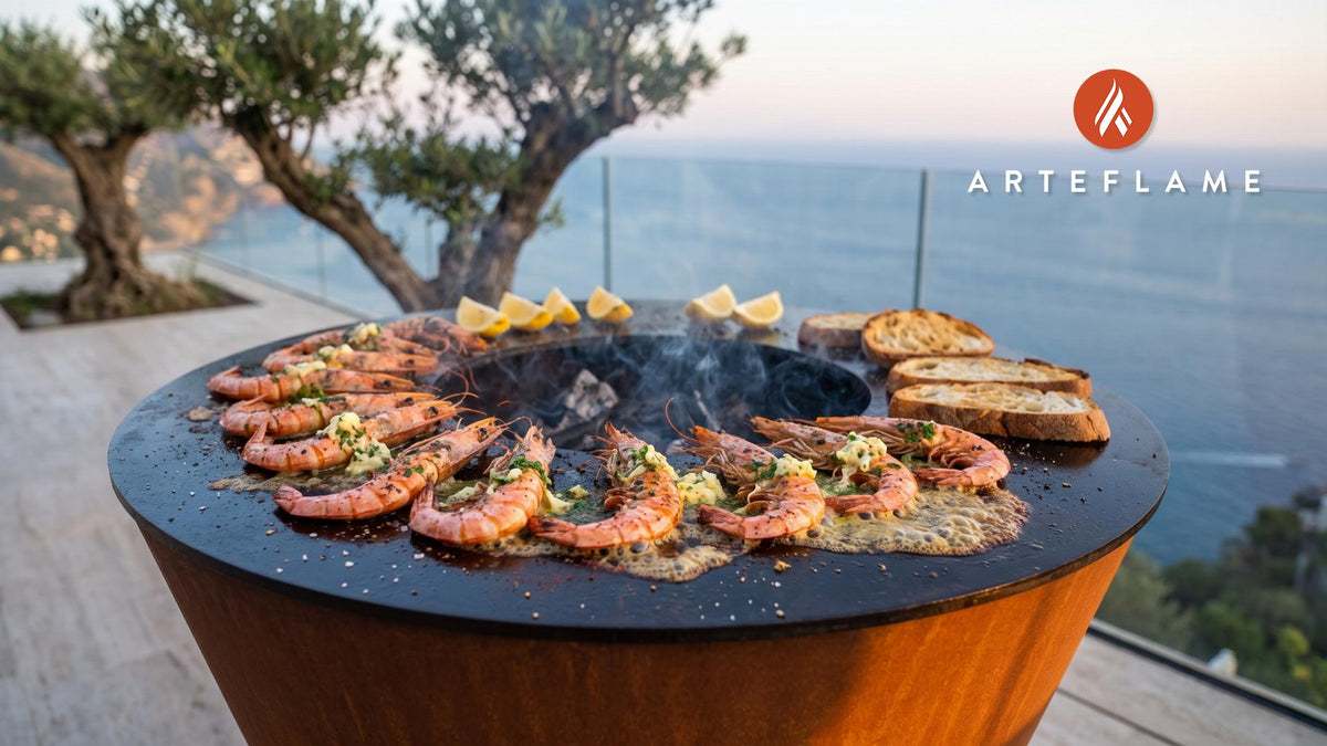 Grilled Dublin Bay Prawns (Irish Garlic Butter) cooking on an Arteflame grill