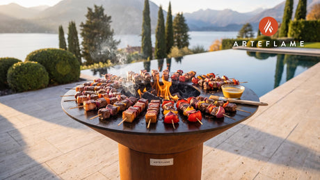 Juicy Elk Skewers with Honey Mustard (Idaho Style) cooking on an Arteflame grill