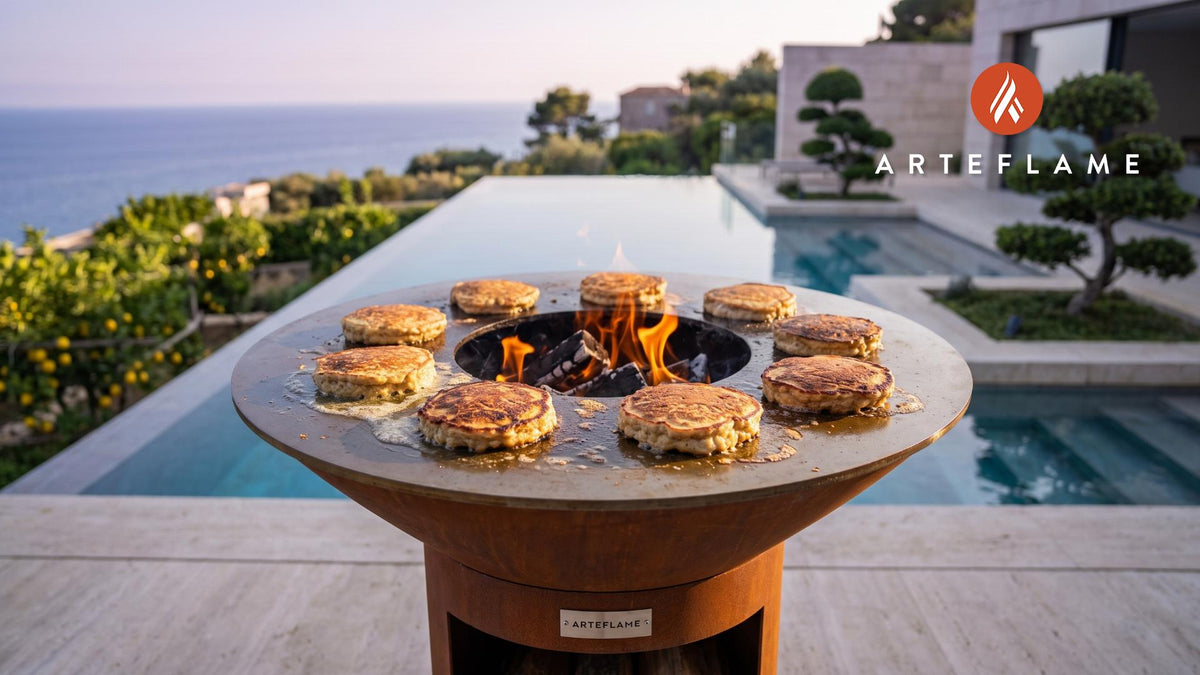 Grilled Porridge Cakes (Crispy Irish Style) cooking on an Arteflame grill