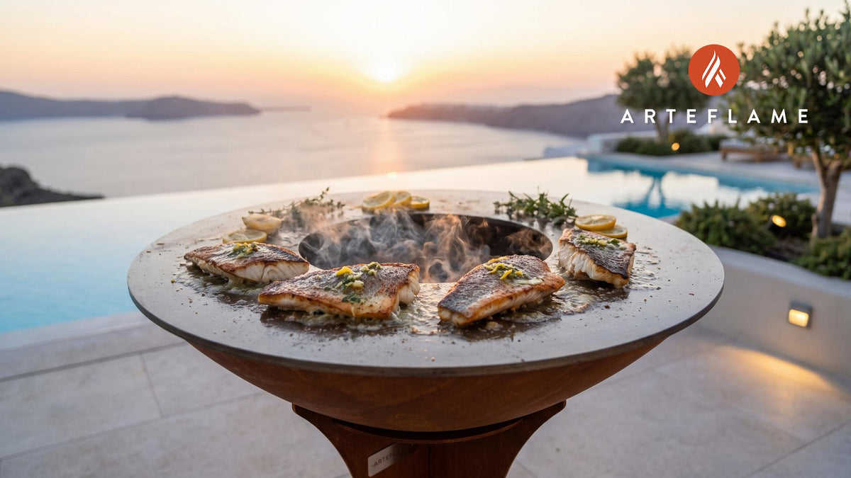 Seared Sea Bass with Irish Moss Butter cooking on an Arteflame grill