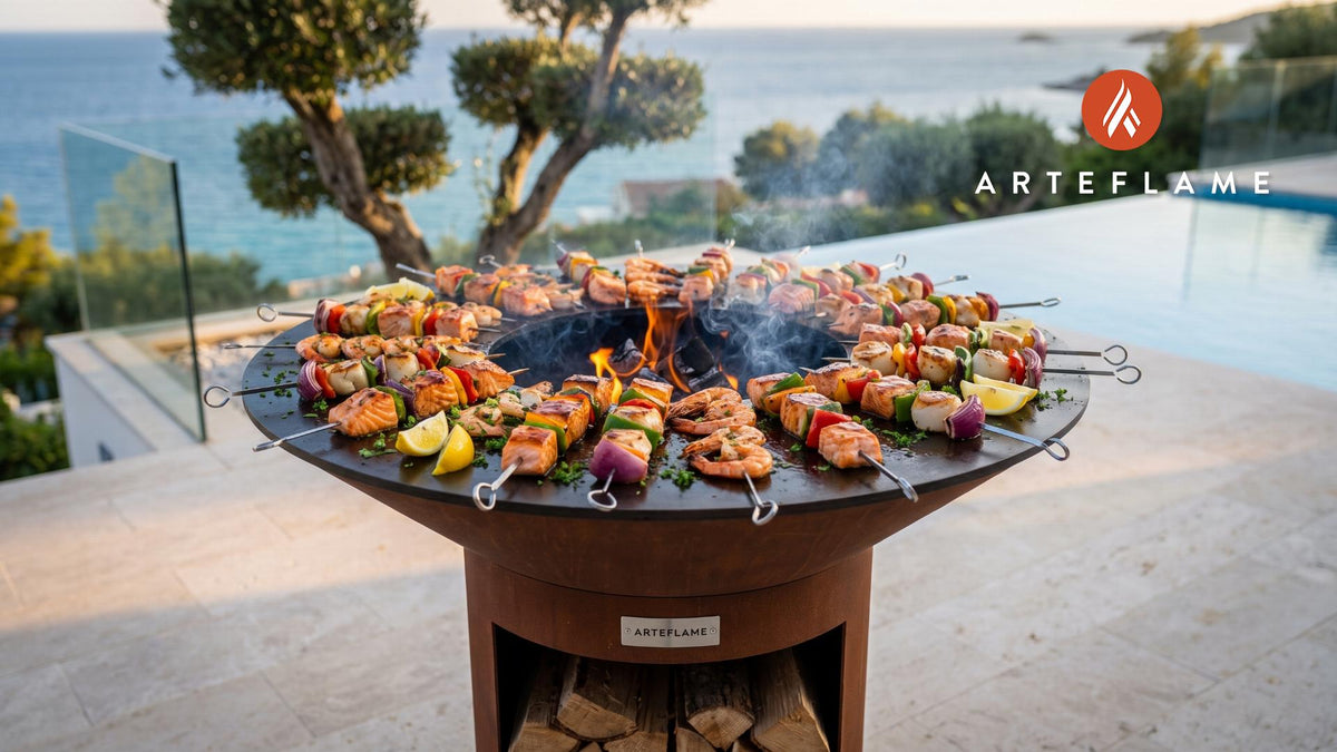 Smoky Grilled Seafood Skewers (Irish Style) cooking on an Arteflame grill