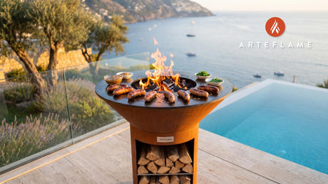 Juicy Grilled Pork Sausages (Irish Mustard) cooking on an Arteflame grill