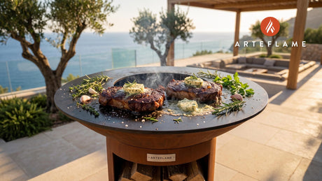 Grilled Ribeye Steak with Garlic Butter (Illinois Style) cooking on an Arteflame grill