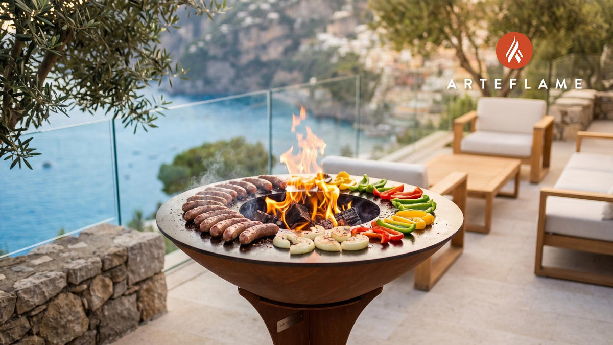 Grilled Italian Sausage, Peppers & Onions (Illinois Style) cooking on an Arteflame grill