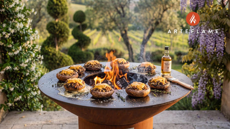 Grilled Haggis Stuffed Mushrooms (Scottish Style) cooking on an Arteflame grill