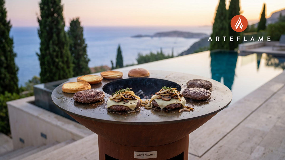 Grilled Mushroom Swiss Burger (Illinois Style) cooking on an Arteflame grill