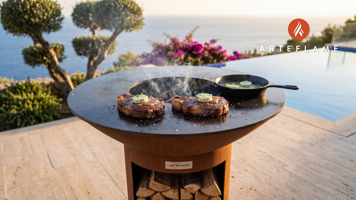 Seared Ribeye Steak with Herb Butter (Aberdeen Angus) cooking on an Arteflame grill