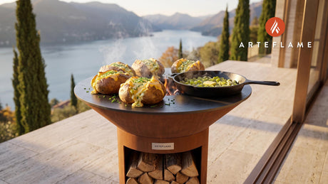 Stuffed Baked Potato (Scottish Cheddar & Leek) cooking on an Arteflame grill