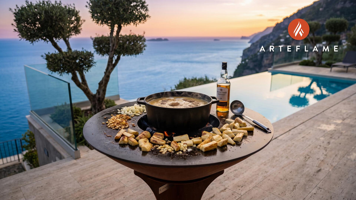 Grilled Parsnip & Whisky Soup (Scottish Style) cooking on an Arteflame grill