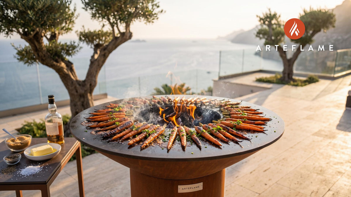 Grilled Carrots with Whisky Glaze (Scottish Style) cooking on an Arteflame grill