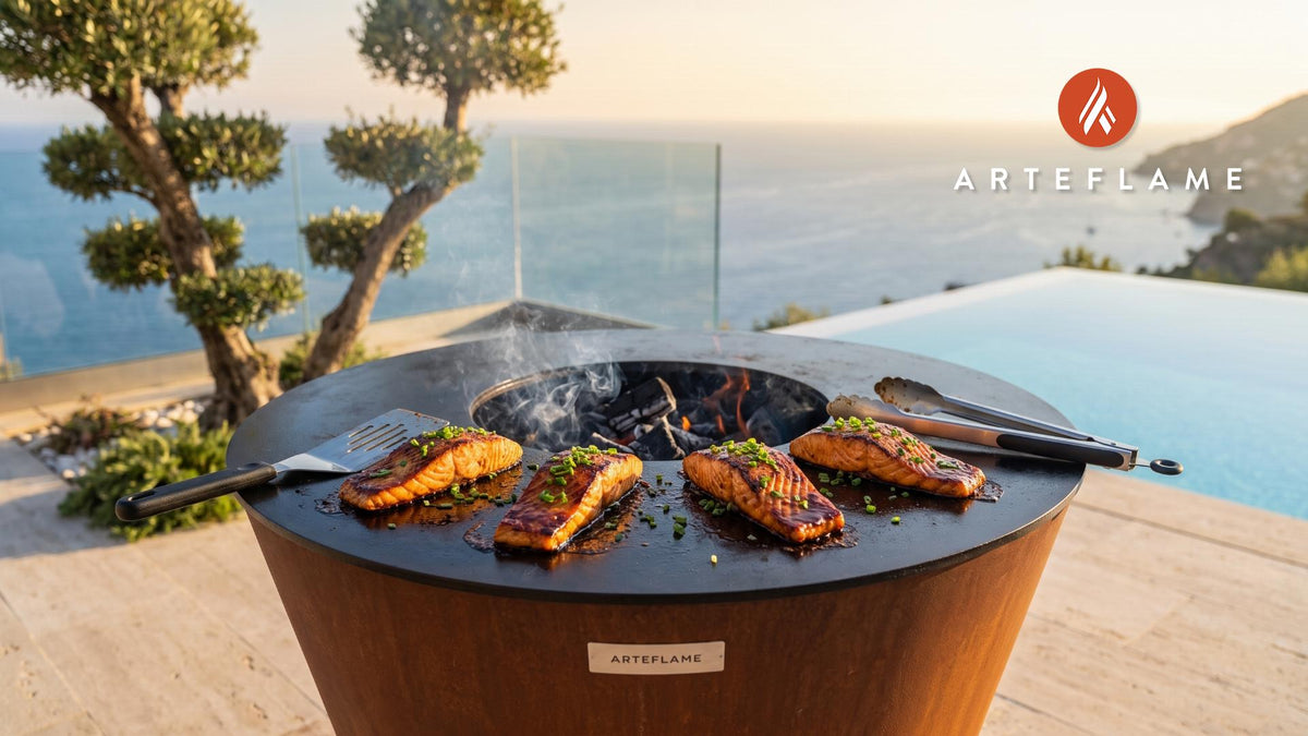 Maple Bourbon Grilled Salmon (Indiana Style) cooking on an Arteflame grill