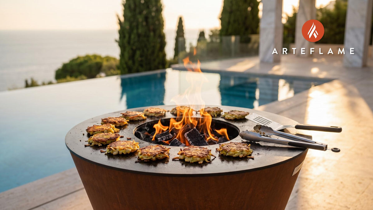 Grilled Leek & Potato Fritters (Scottish Style) cooking on an Arteflame grill