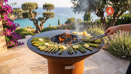 Charred Asparagus with Lemon Butter (Indiana Style) cooking on an Arteflame grill