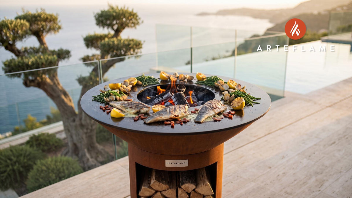 Grilled Sea Bass with Laverbread Butter (Welsh Style) cooking on an Arteflame grill