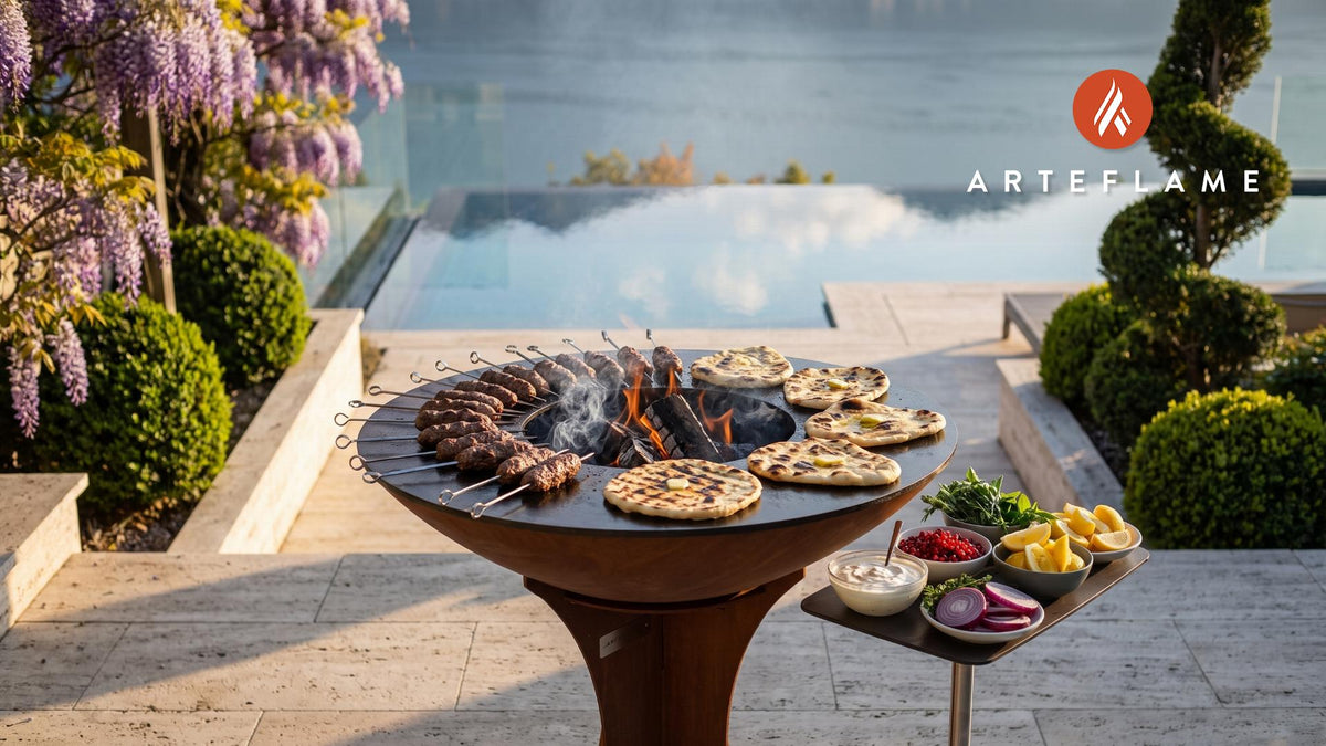 Smoky Lamb Koftas & Flatbreads (Welsh Style) cooking on an Arteflame grill
