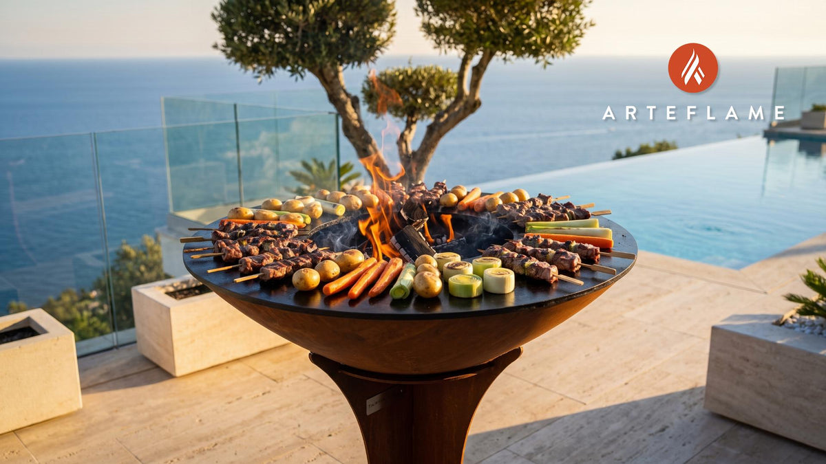 Charred Lamb Skewers (Welsh Cawl Style) cooking on an Arteflame grill