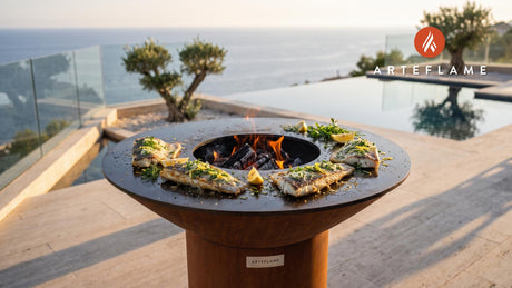Grilled Hake with Lemon & Herbs (Welsh Style) cooking on an Arteflame grill