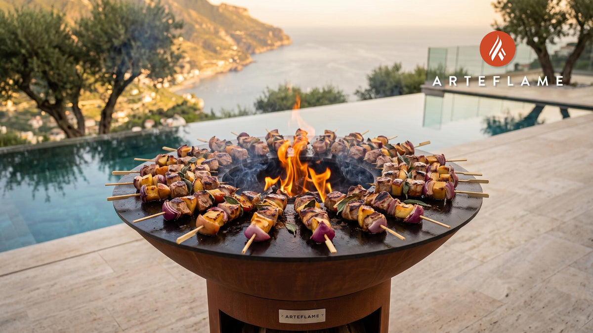 Grilled Pork & Apple Skewers (Welsh Style) cooking on an Arteflame grill