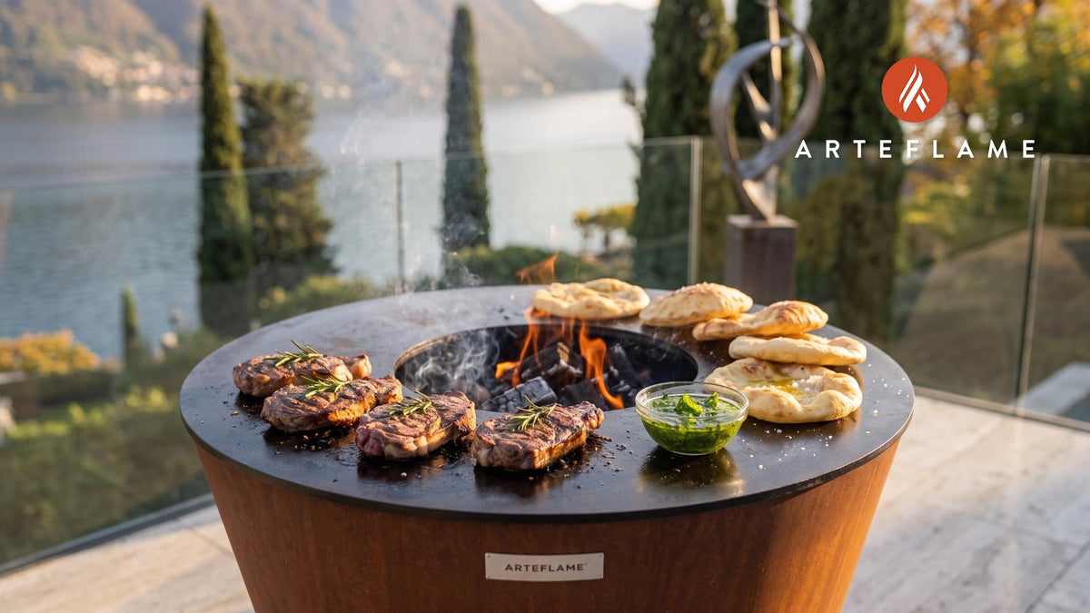 Wood-Fired Welsh Lamb & Mint Flatbreads cooking on an Arteflame grill