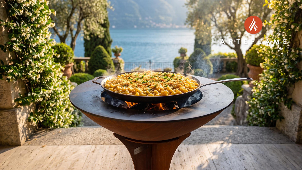 Smoked Gouda Mac and Cheese (Indiana Style) cooking on an Arteflame grill