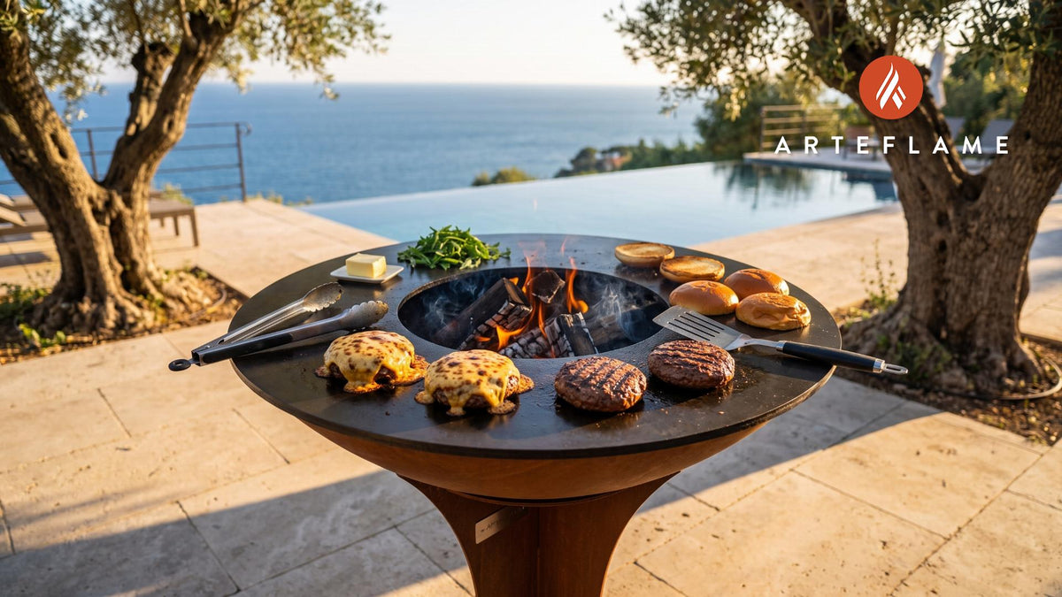 Juicy Beef Burgers with Welsh Rarebit cooking on an Arteflame grill