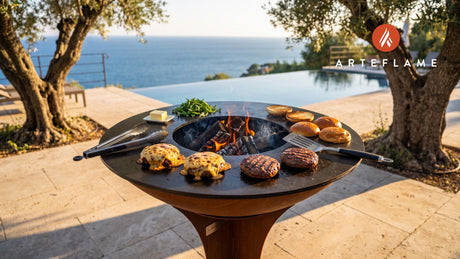 Juicy Beef Burgers with Welsh Rarebit cooking on an Arteflame grill
