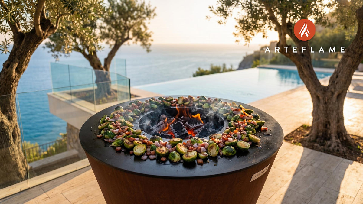 Charred Brussels Sprouts with Hoosier Bacon (Indiana Style) cooking on an Arteflame grill