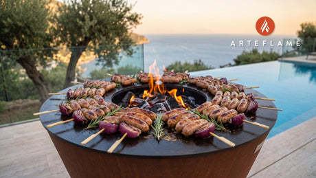 Welsh Sausage Skewers with Charred Red Onion cooking on an Arteflame grill
