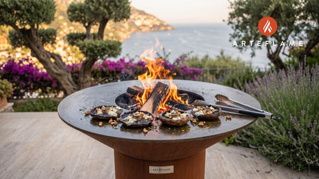 Charred Grilled Mushrooms with Welsh Blue Cheese cooking on an Arteflame grill
