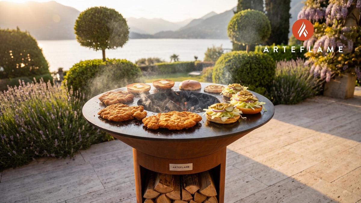 Crispy Pork Schnitzel Sandwich (Iowa Style) cooking on an Arteflame grill
