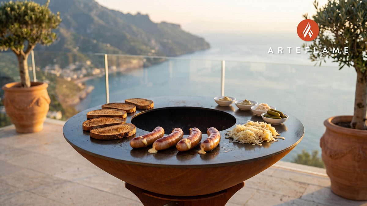 Grilled Kaesekrainer cooking on an Arteflame grill
