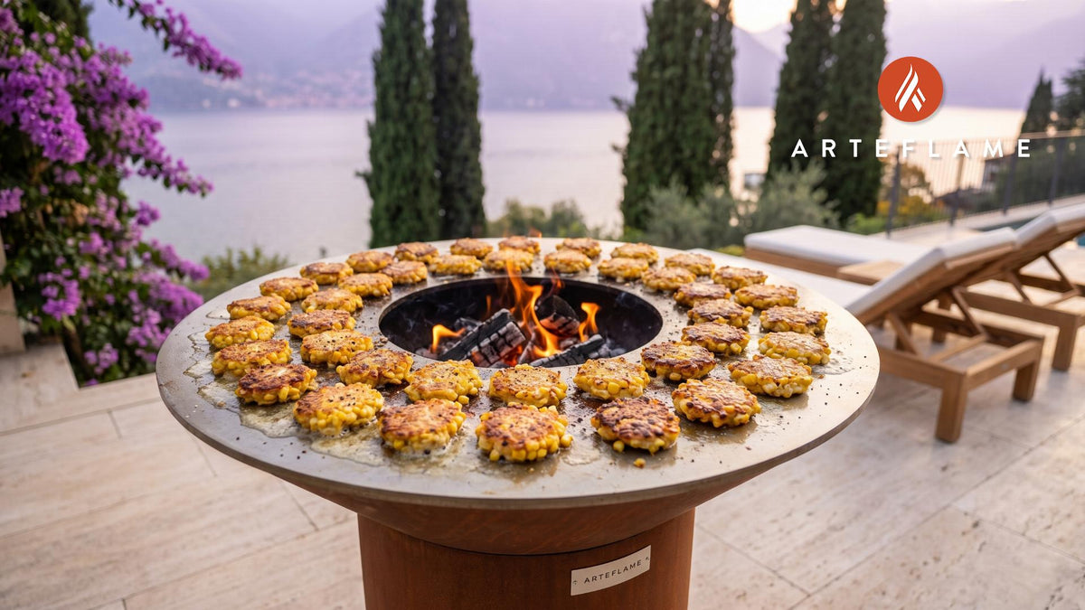 Crispy Sweet Corn Fritters (Iowa Style) cooking on an Arteflame grill