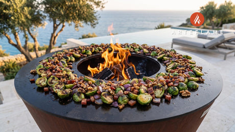 Charred Balsamic Brussels Sprouts (Iowa Style) cooking on an Arteflame grill