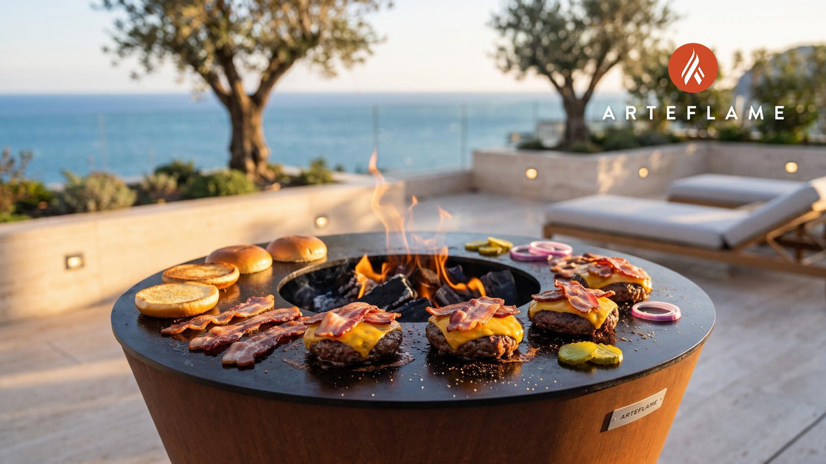 Juicy BBQ Bacon Burgers (Iowa Style) cooking on an Arteflame grill