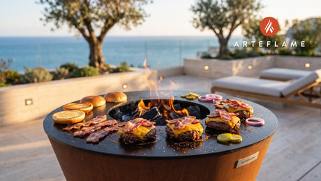 Juicy BBQ Bacon Burgers (Iowa Style) cooking on an Arteflame grill