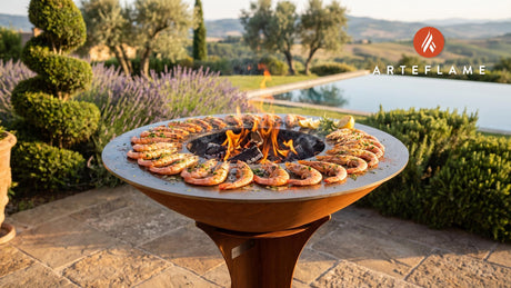 Garlic Butter Prawns (Austrian Alpine Style) cooking on an Arteflame grill