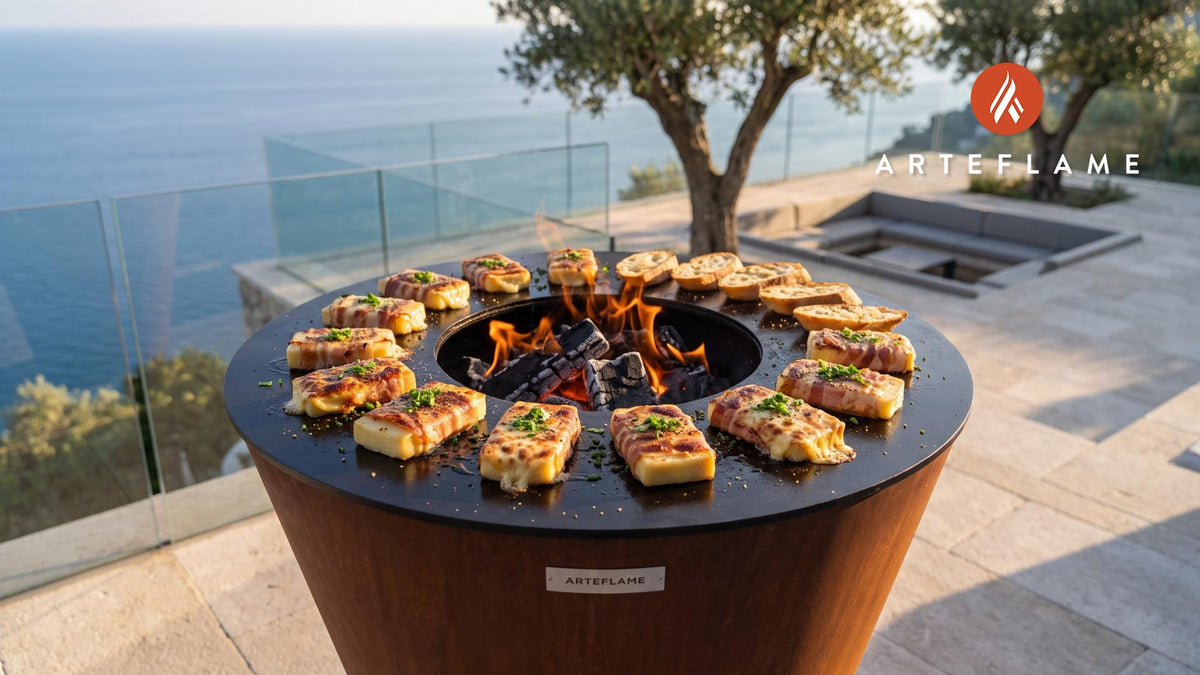Pancetta Wrapped Alpine Cheese (Austrian Tyrolean Style) cooking on an Arteflame grill