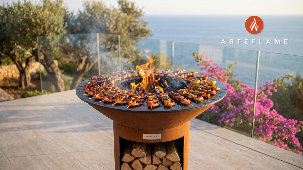 Grilled BBQ Shrimp Skewers (Kansas Style) cooking on an Arteflame grill