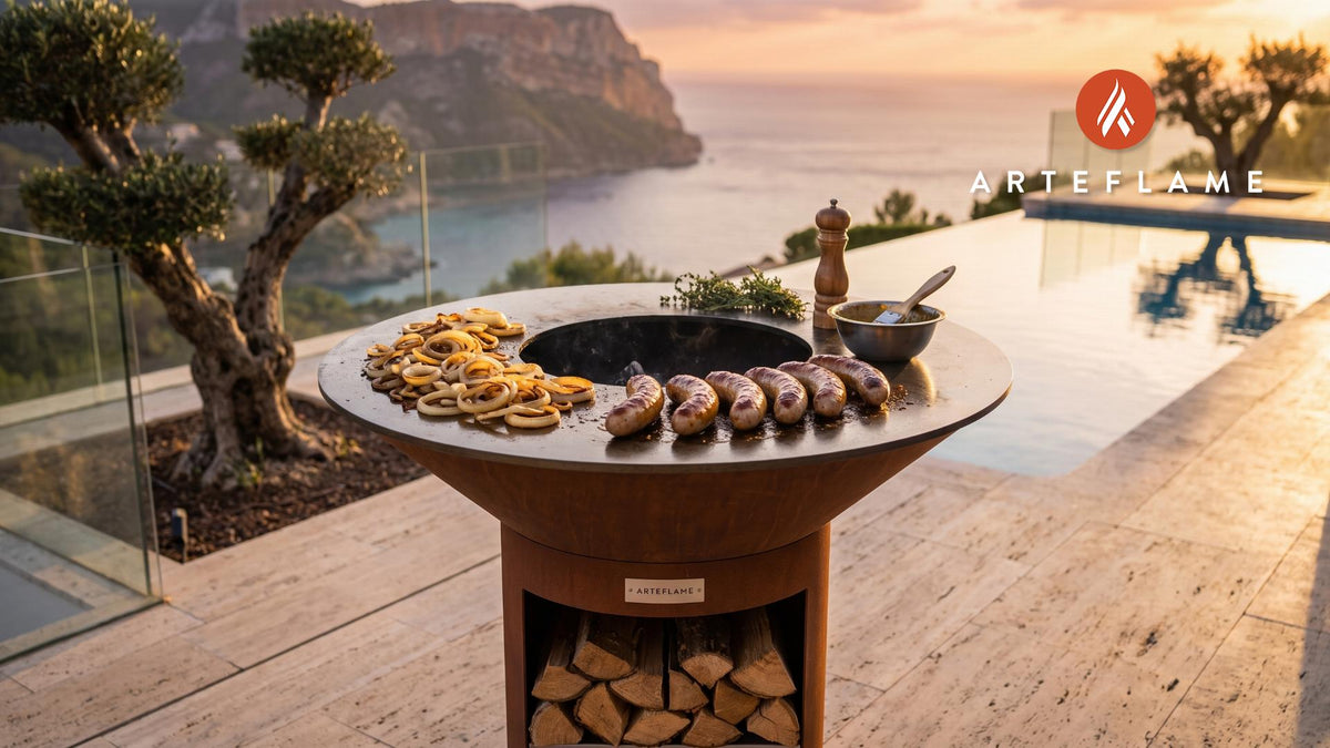 Juicy Swiss Veal Bratwurst with Mustard Glaze cooking on an Arteflame grill
