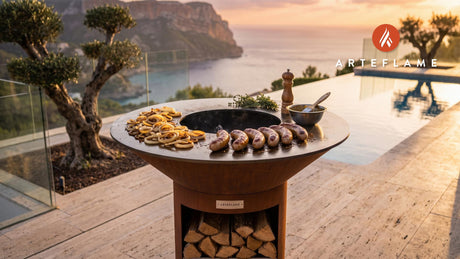 Juicy Swiss Veal Bratwurst with Mustard Glaze cooking on an Arteflame grill