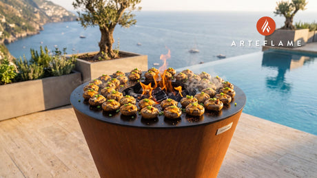 Grilled Sausage & Cheese Stuffed Mushrooms (Kansas Style) cooking on an Arteflame grill