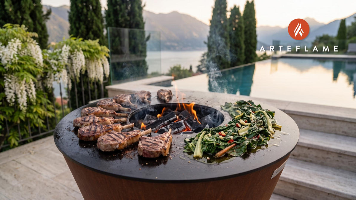 Juicy Grilled Lamb Chops with Swiss Chard cooking on an Arteflame grill